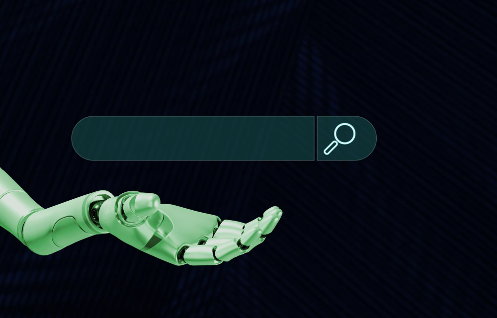 3D robotic arm holding a search bar with a futuristic design on a blue background.